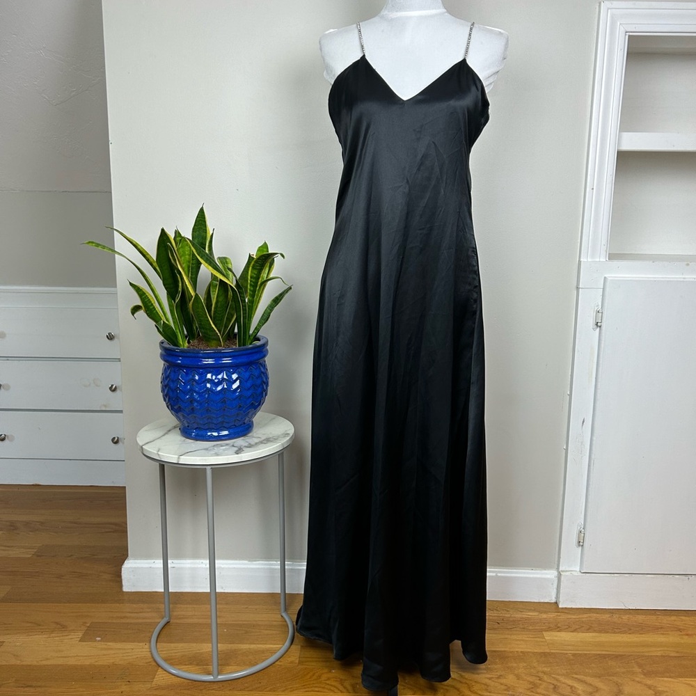 Black Satin Long Maxi Slip Dress Rhinestone Spaghetti Strap Pinup Silky Lingerie